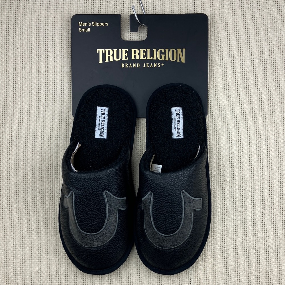 True Religion Horseshoe Slippers Black Faux Leather NWT